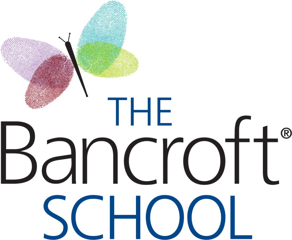 The Bancroft School logo; black and blue text with the purple, maroon, blue, green, and yellow butterfly logo