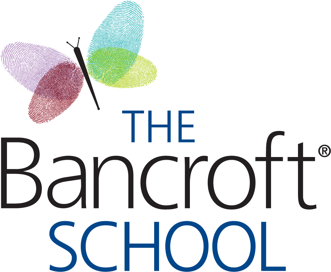 The Bancroft School logo; black and blue text with the purple, maroon, blue, green, and yellow butterfly logo